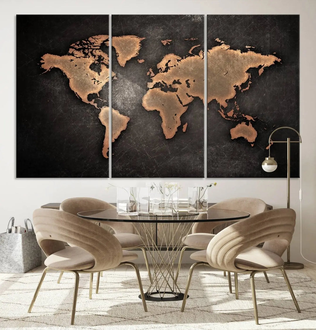 The Modern World Map on Metallic Black Background Canvas Print, a museum-quality, gallery-wrapped canvas, hangs elegantly, adding sophistication and luxury with its bronze tones on a dark backdrop.