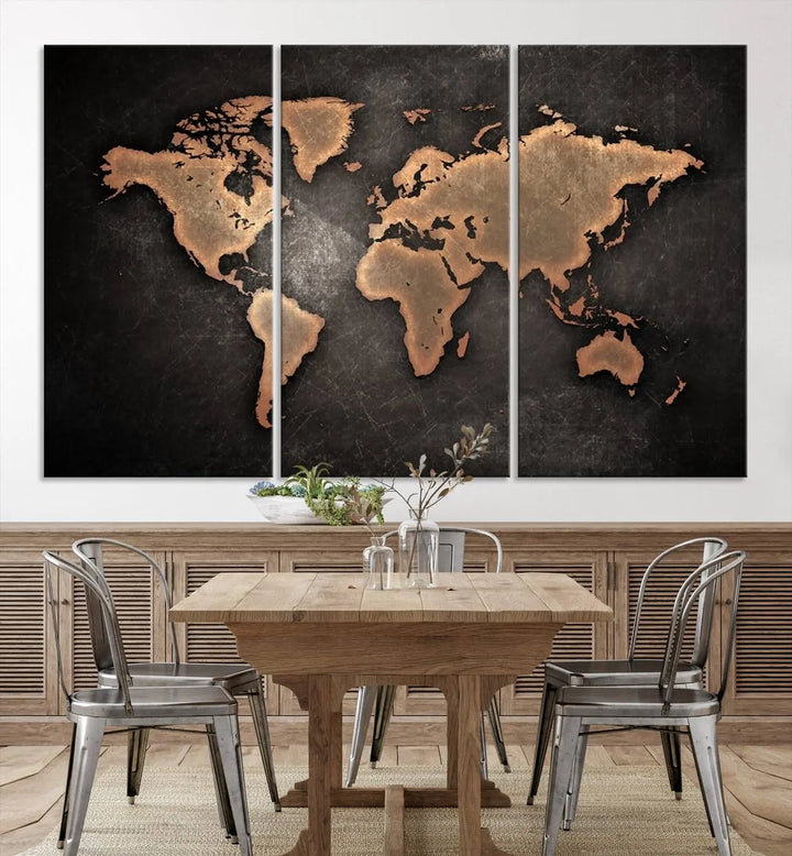 The Modern World Map on Metallic Black Background Canvas Print, a museum-quality, gallery-wrapped canvas, hangs elegantly, adding sophistication and luxury with its bronze tones on a dark backdrop.