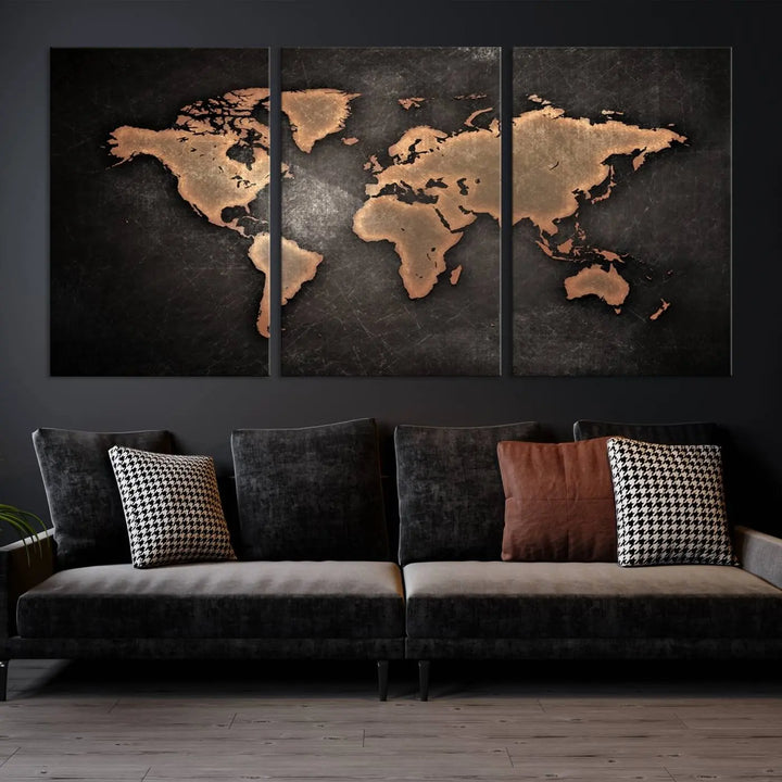 The Modern World Map on Metallic Black Background Canvas Print, a museum-quality, gallery-wrapped canvas, hangs elegantly, adding sophistication and luxury with its bronze tones on a dark backdrop.