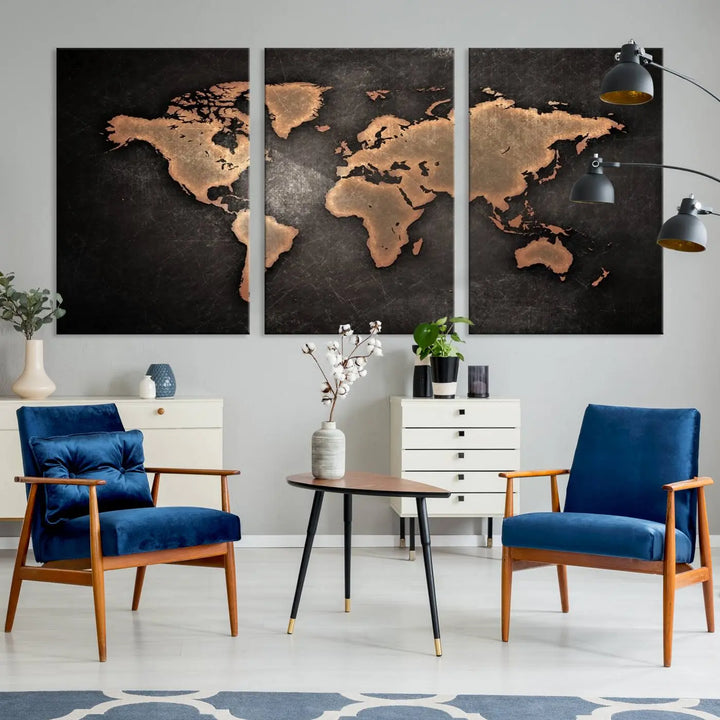 The Modern World Map on Metallic Black Background Canvas Print, a museum-quality, gallery-wrapped canvas, hangs elegantly, adding sophistication and luxury with its bronze tones on a dark backdrop.