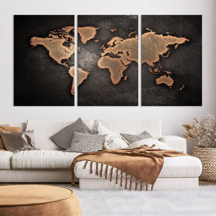 The Modern World Map on Metallic Black Background Canvas Print, a museum-quality, gallery-wrapped canvas, hangs elegantly, adding sophistication and luxury with its bronze tones on a dark backdrop.