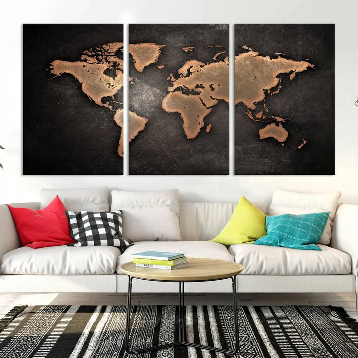 The Modern World Map on Metallic Black Background Canvas Print, a museum-quality, gallery-wrapped canvas, hangs elegantly, adding sophistication and luxury with its bronze tones on a dark backdrop.