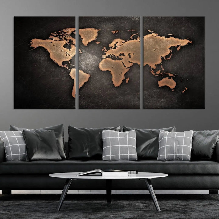 The Modern World Map on Metallic Black Background Canvas Print, a museum-quality, gallery-wrapped canvas, hangs elegantly, adding sophistication and luxury with its bronze tones on a dark backdrop.