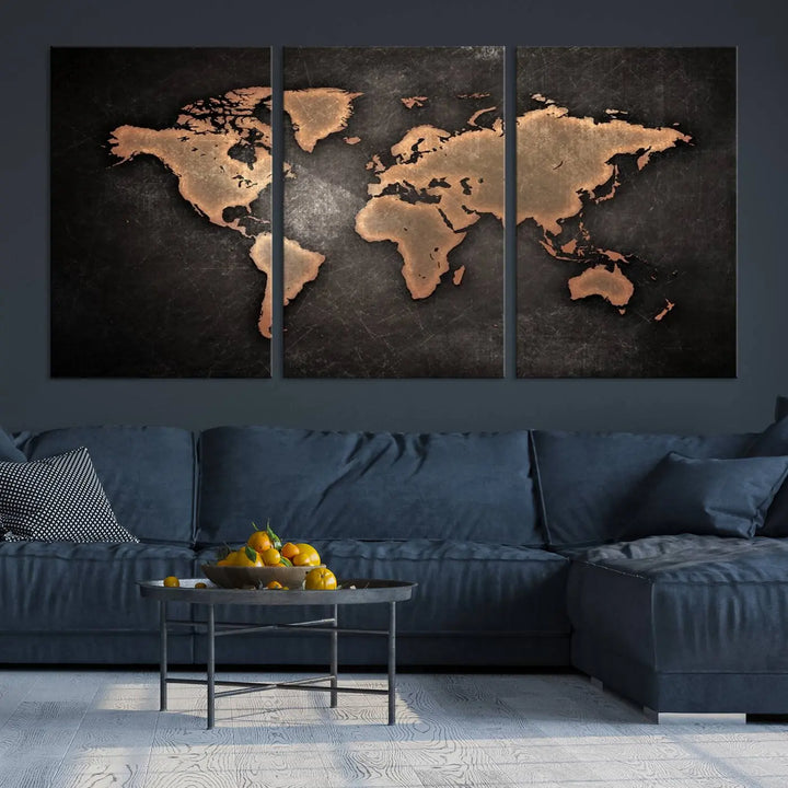 The Modern World Map on Metallic Black Background Canvas Print, a museum-quality, gallery-wrapped canvas, hangs elegantly, adding sophistication and luxury with its bronze tones on a dark backdrop.