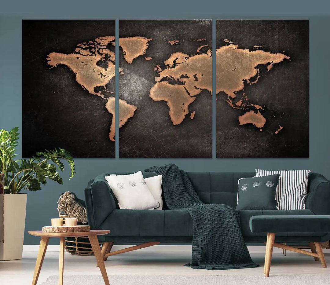 The Modern World Map on Metallic Black Background Canvas Print, a museum-quality, gallery-wrapped canvas, hangs elegantly, adding sophistication and luxury with its bronze tones on a dark backdrop.