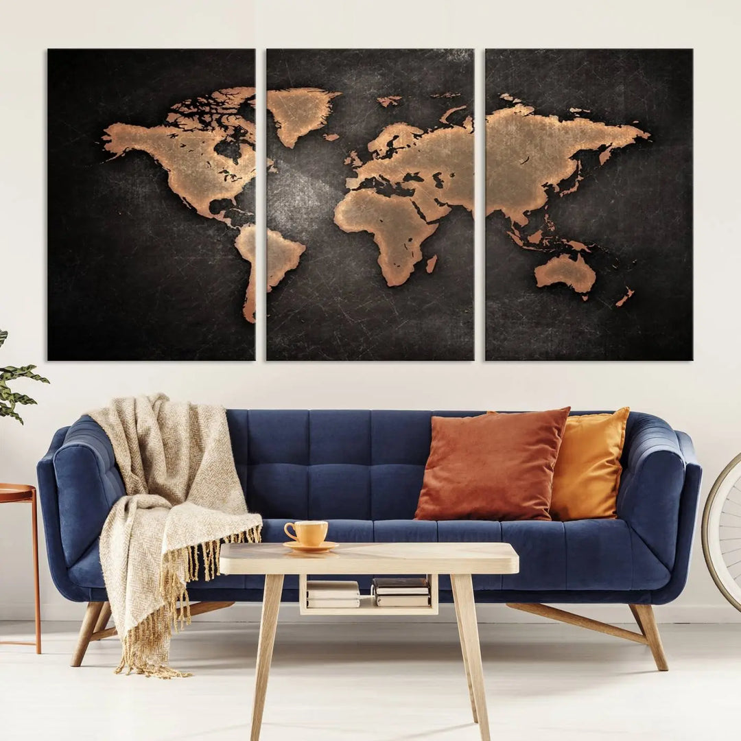 The Modern World Map on Metallic Black Background Canvas Print, a museum-quality, gallery-wrapped canvas, hangs elegantly, adding sophistication and luxury with its bronze tones on a dark backdrop.