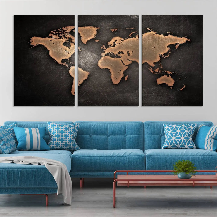 The Modern World Map on Metallic Black Background Canvas Print, a museum-quality, gallery-wrapped canvas, hangs elegantly, adding sophistication and luxury with its bronze tones on a dark backdrop.