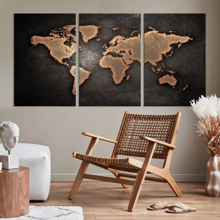 The Modern World Map on Metallic Black Background Canvas Print, a museum-quality, gallery-wrapped canvas, hangs elegantly, adding sophistication and luxury with its bronze tones on a dark backdrop.