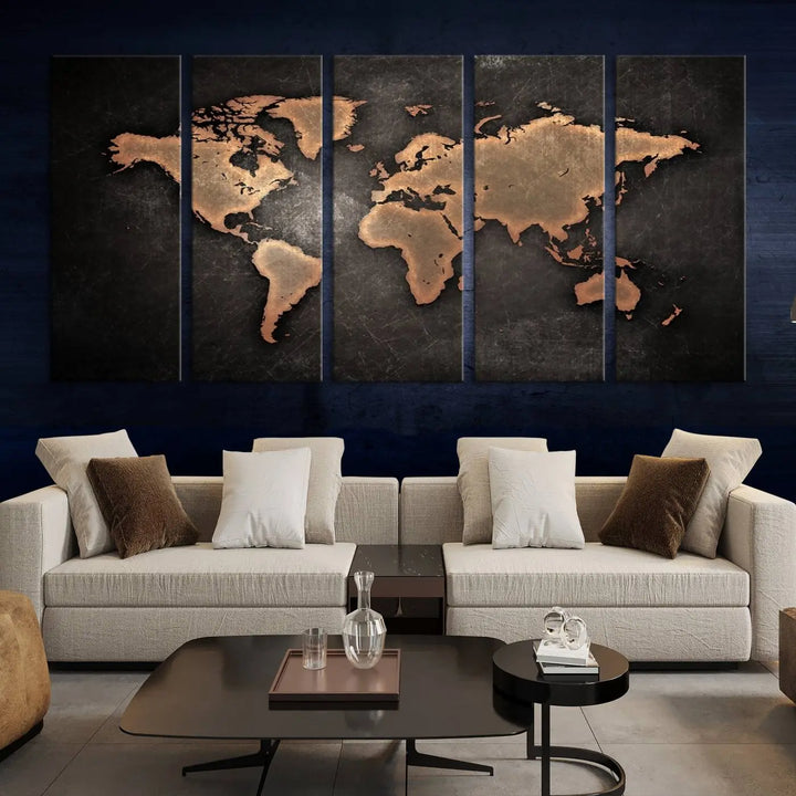 The Modern World Map on Metallic Black Background Canvas Print, a museum-quality, gallery-wrapped canvas, hangs elegantly, adding sophistication and luxury with its bronze tones on a dark backdrop.