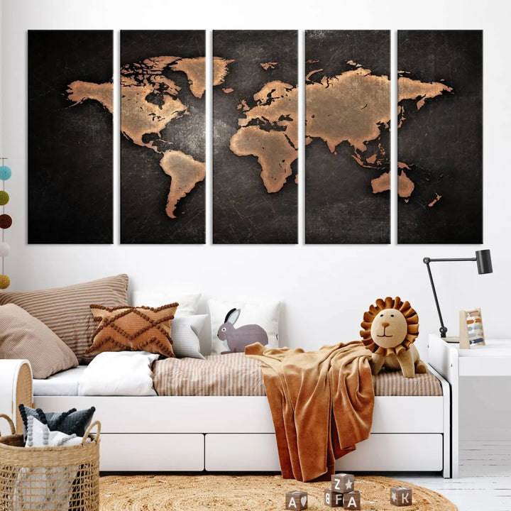 The Modern World Map on Metallic Black Background Canvas Print, a museum-quality, gallery-wrapped canvas, hangs elegantly, adding sophistication and luxury with its bronze tones on a dark backdrop.