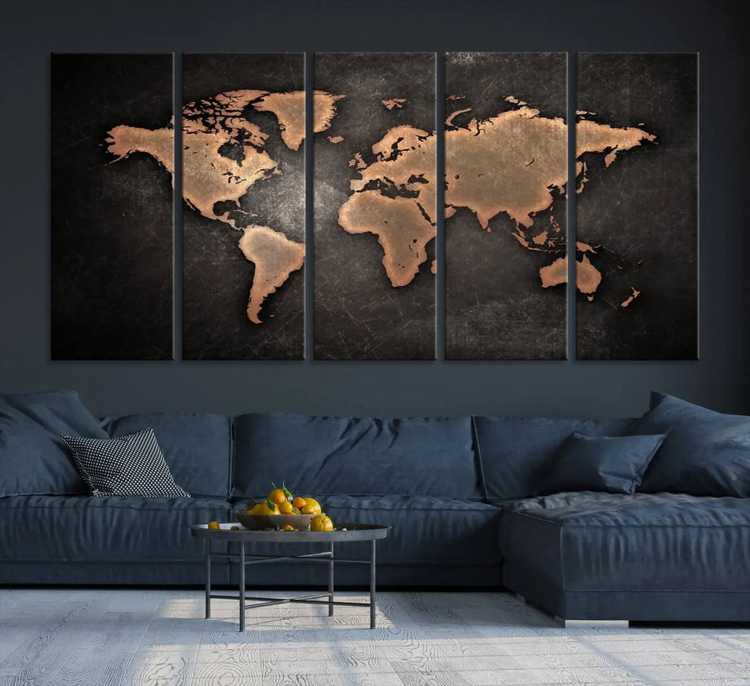 The Modern World Map on Metallic Black Background Canvas Print, a museum-quality, gallery-wrapped canvas, hangs elegantly, adding sophistication and luxury with its bronze tones on a dark backdrop.