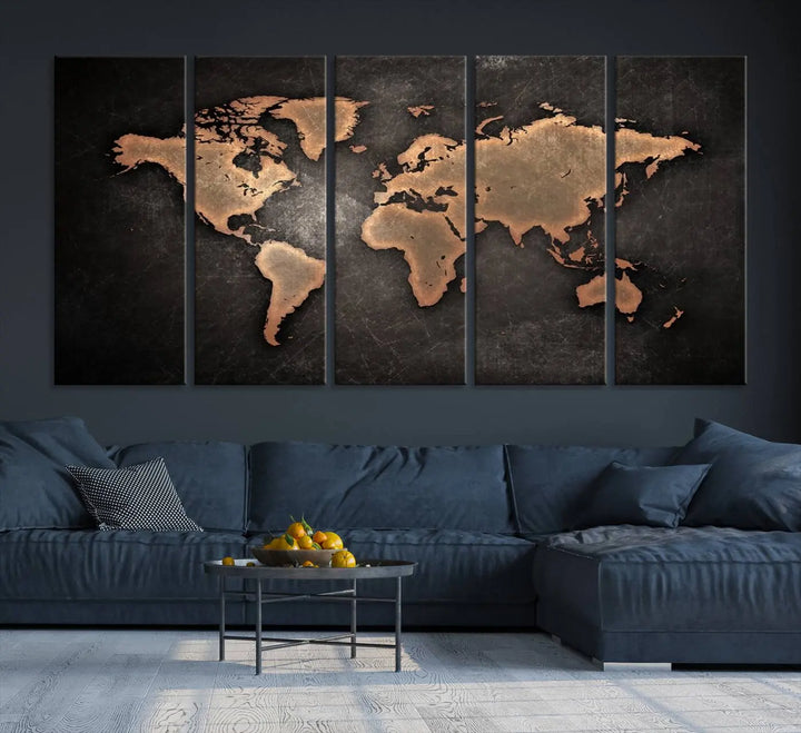 The Modern World Map on Metallic Black Background Canvas Print, a museum-quality, gallery-wrapped canvas, hangs elegantly, adding sophistication and luxury with its bronze tones on a dark backdrop.