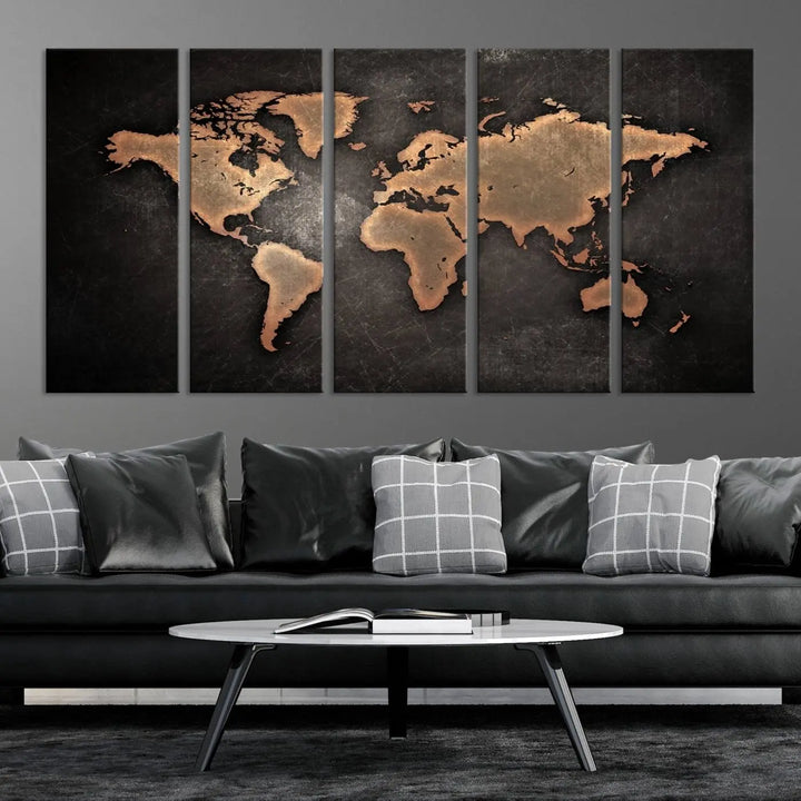 The Modern World Map on Metallic Black Background Canvas Print, a museum-quality, gallery-wrapped canvas, hangs elegantly, adding sophistication and luxury with its bronze tones on a dark backdrop.