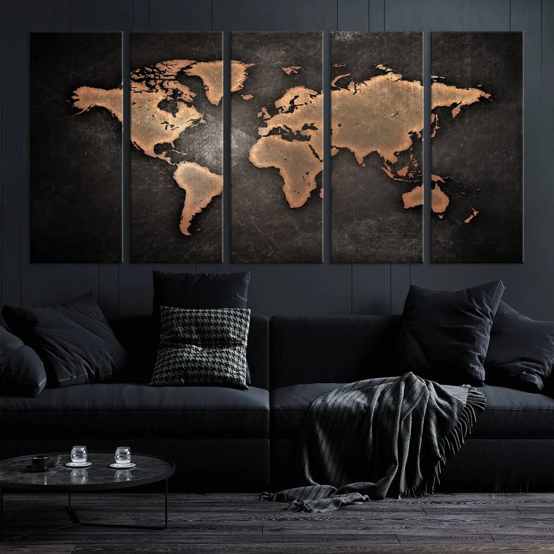 The Modern World Map on Metallic Black Background Canvas Print, a museum-quality, gallery-wrapped canvas, hangs elegantly, adding sophistication and luxury with its bronze tones on a dark backdrop.