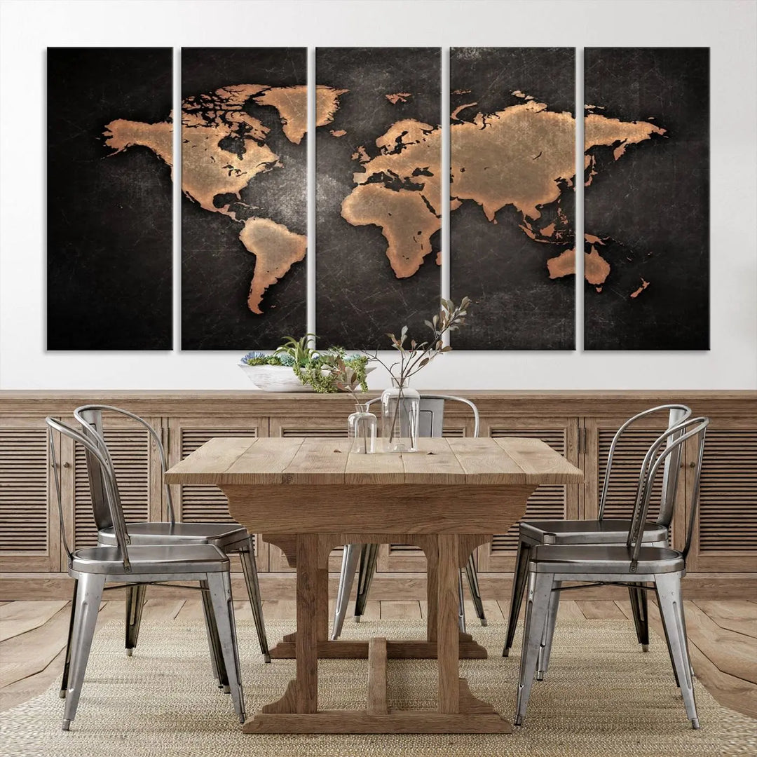 The Modern World Map on Metallic Black Background Canvas Print, a museum-quality, gallery-wrapped canvas, hangs elegantly, adding sophistication and luxury with its bronze tones on a dark backdrop.