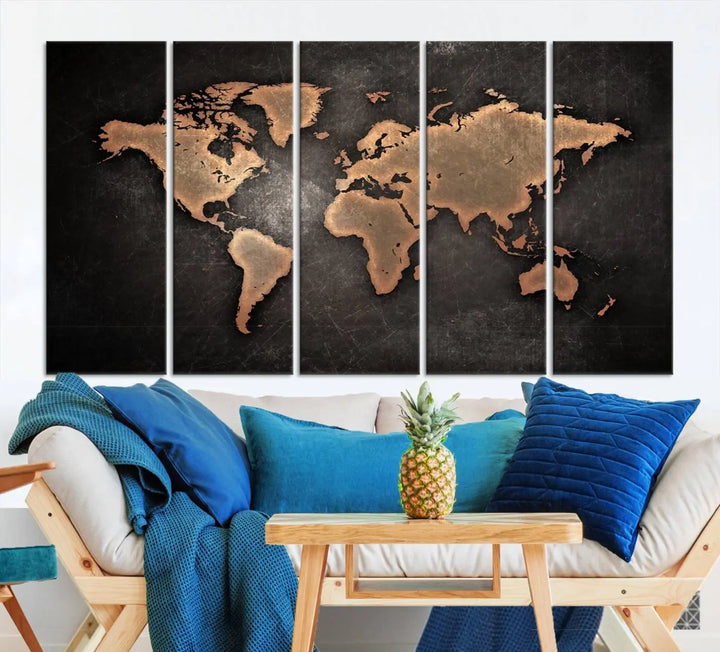 The Modern World Map on Metallic Black Background Canvas Print, a museum-quality, gallery-wrapped canvas, hangs elegantly, adding sophistication and luxury with its bronze tones on a dark backdrop.