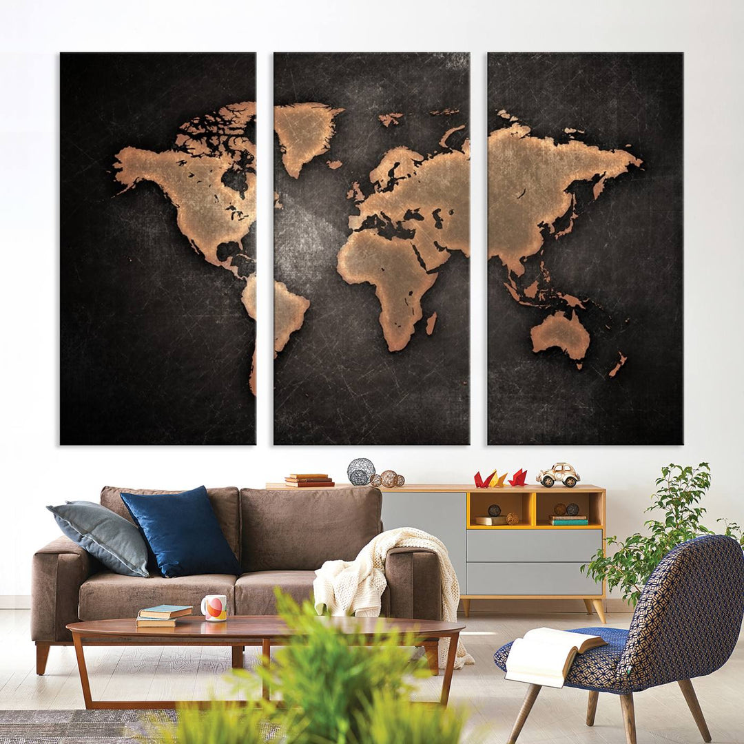 Modern World Map on Metallic Black Background Canvas, Modern World Map Canvas Print