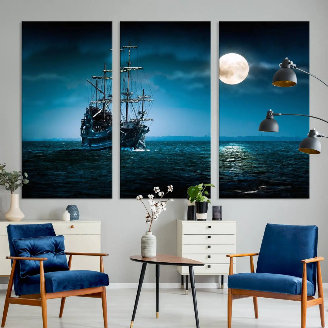 The "Moon and Ship in Ocean at Night Wall Art Canvas Print" features a stunning three-panel depiction of a ship sailing under a full moon. Presented on museum-quality canvas, this ready-to-hang piece is perfect for adding instant allure to any space.