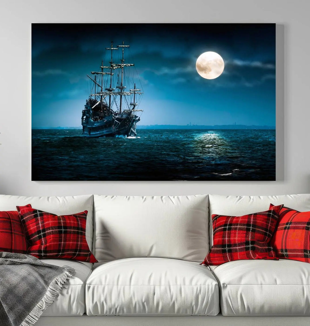 The "Moon and Ship in Ocean at Night Wall Art Canvas Print" features a stunning three-panel depiction of a ship sailing under a full moon. Presented on museum-quality canvas, this ready-to-hang piece is perfect for adding instant allure to any space.