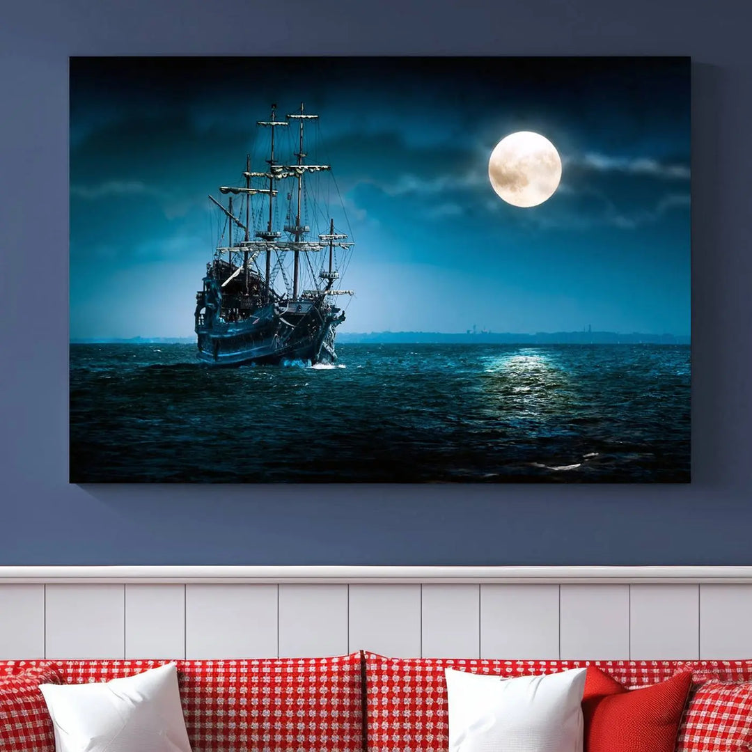 The "Moon and Ship in Ocean at Night Wall Art Canvas Print" features a stunning three-panel depiction of a ship sailing under a full moon. Presented on museum-quality canvas, this ready-to-hang piece is perfect for adding instant allure to any space.