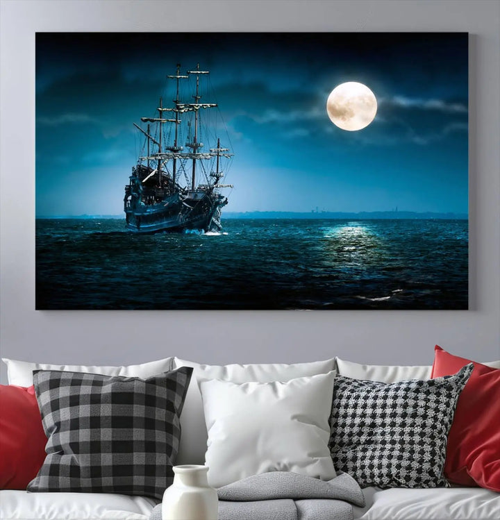 The "Moon and Ship in Ocean at Night Wall Art Canvas Print" features a stunning three-panel depiction of a ship sailing under a full moon. Presented on museum-quality canvas, this ready-to-hang piece is perfect for adding instant allure to any space.