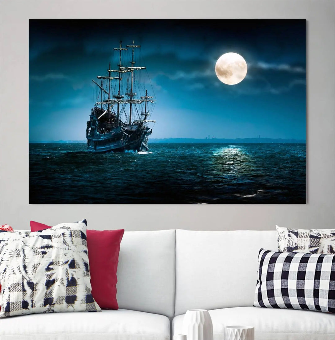 The "Moon and Ship in Ocean at Night Wall Art Canvas Print" features a stunning three-panel depiction of a ship sailing under a full moon. Presented on museum-quality canvas, this ready-to-hang piece is perfect for adding instant allure to any space.