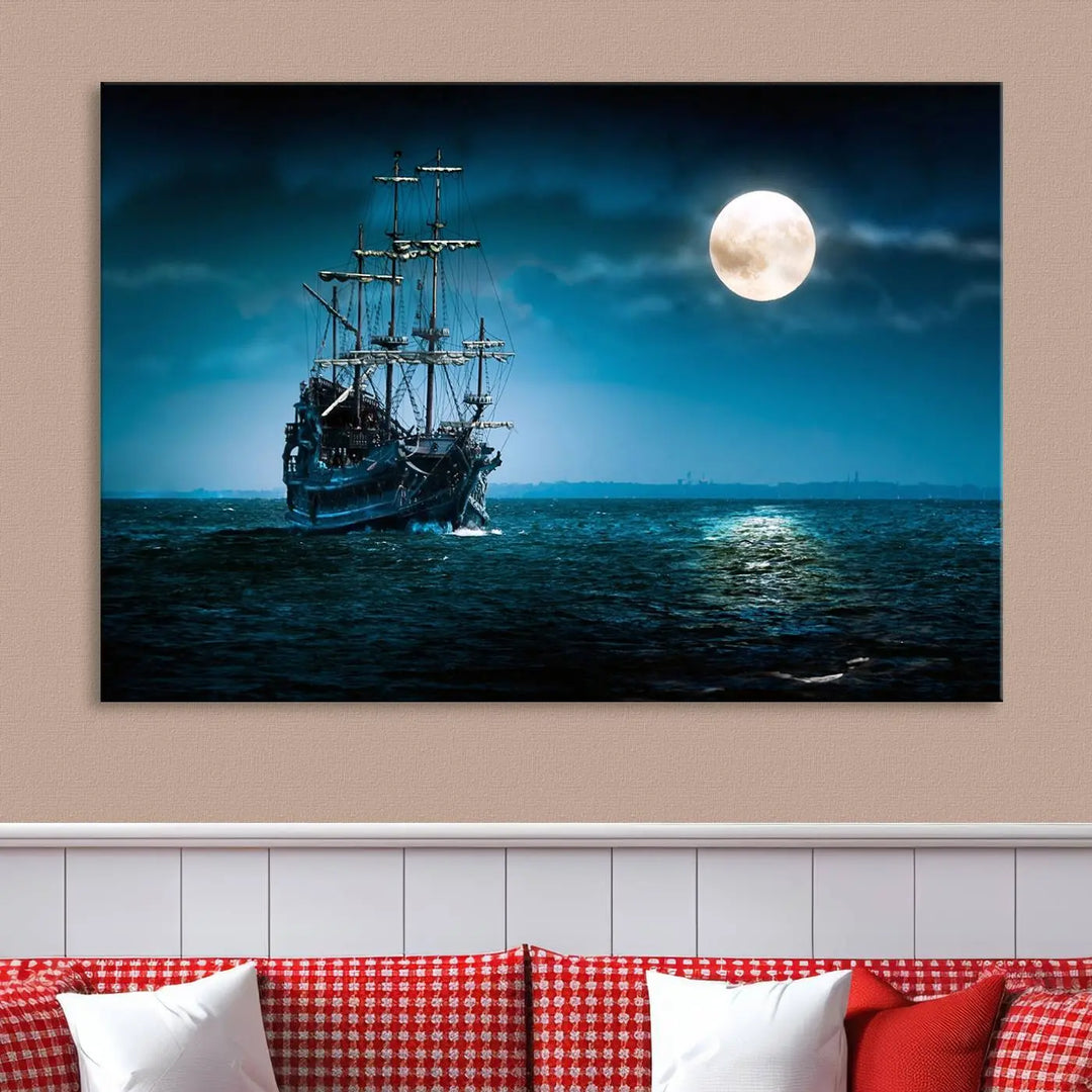 The "Moon and Ship in Ocean at Night Wall Art Canvas Print" features a stunning three-panel depiction of a ship sailing under a full moon. Presented on museum-quality canvas, this ready-to-hang piece is perfect for adding instant allure to any space.