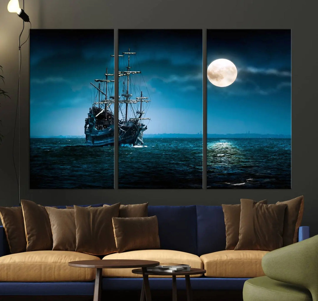 The "Moon and Ship in Ocean at Night Wall Art Canvas Print" features a stunning three-panel depiction of a ship sailing under a full moon. Presented on museum-quality canvas, this ready-to-hang piece is perfect for adding instant allure to any space.