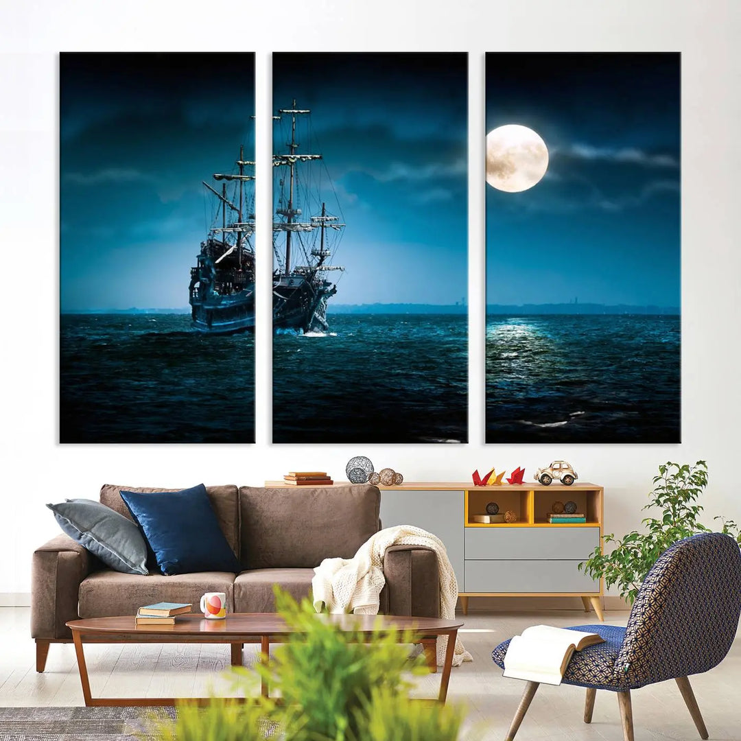 The "Moon and Ship in Ocean at Night Wall Art Canvas Print" features a stunning three-panel depiction of a ship sailing under a full moon. Presented on museum-quality canvas, this ready-to-hang piece is perfect for adding instant allure to any space.