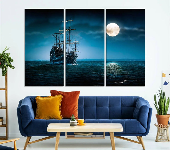 The "Moon and Ship in Ocean at Night Wall Art Canvas Print" features a stunning three-panel depiction of a ship sailing under a full moon. Presented on museum-quality canvas, this ready-to-hang piece is perfect for adding instant allure to any space.