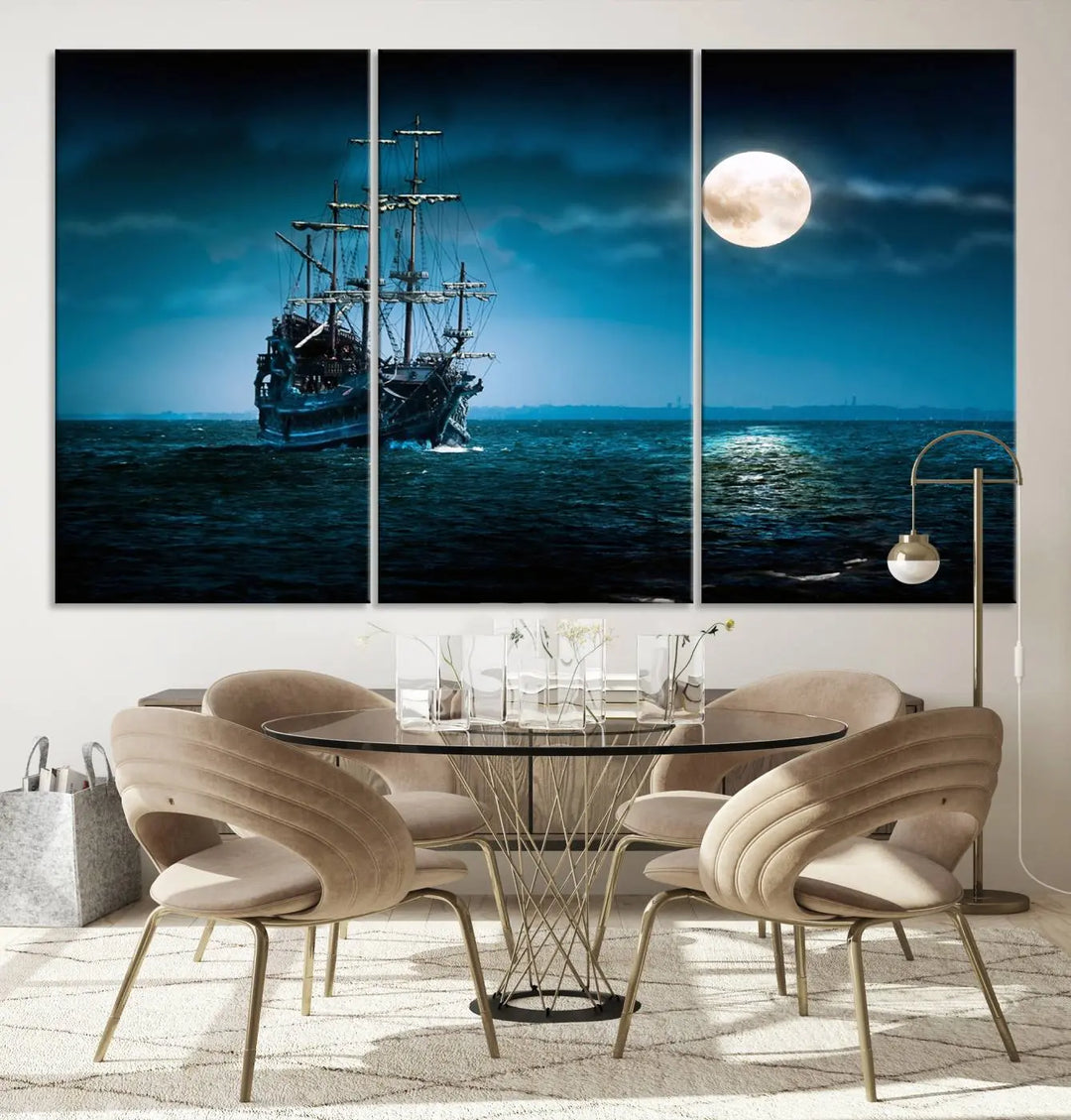 The "Moon and Ship in Ocean at Night Wall Art Canvas Print" features a stunning three-panel depiction of a ship sailing under a full moon. Presented on museum-quality canvas, this ready-to-hang piece is perfect for adding instant allure to any space.