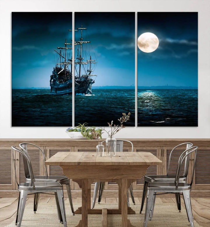 The "Moon and Ship in Ocean at Night Wall Art Canvas Print" features a stunning three-panel depiction of a ship sailing under a full moon. Presented on museum-quality canvas, this ready-to-hang piece is perfect for adding instant allure to any space.