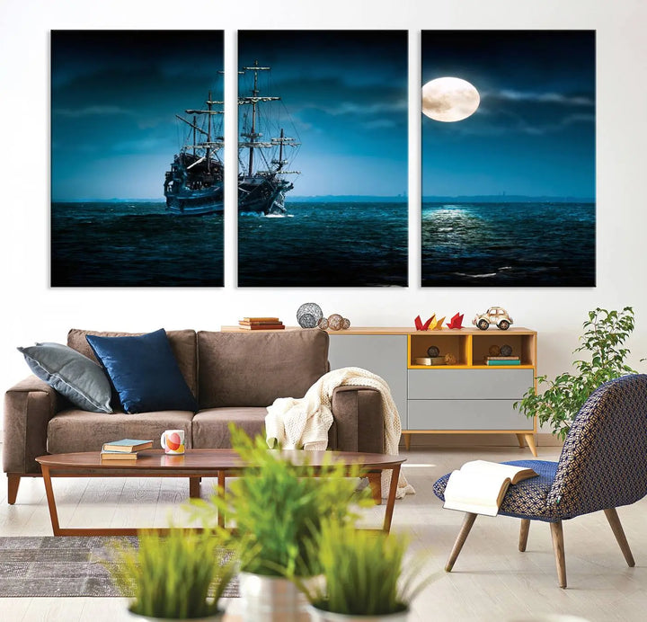 The "Moon and Ship in Ocean at Night Wall Art Canvas Print" features a stunning three-panel depiction of a ship sailing under a full moon. Presented on museum-quality canvas, this ready-to-hang piece is perfect for adding instant allure to any space.