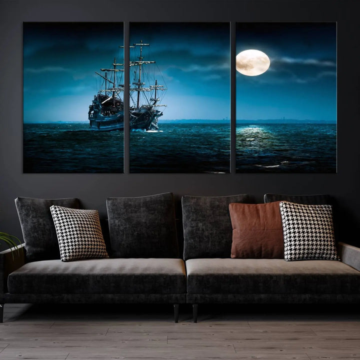 The "Moon and Ship in Ocean at Night Wall Art Canvas Print" features a stunning three-panel depiction of a ship sailing under a full moon. Presented on museum-quality canvas, this ready-to-hang piece is perfect for adding instant allure to any space.