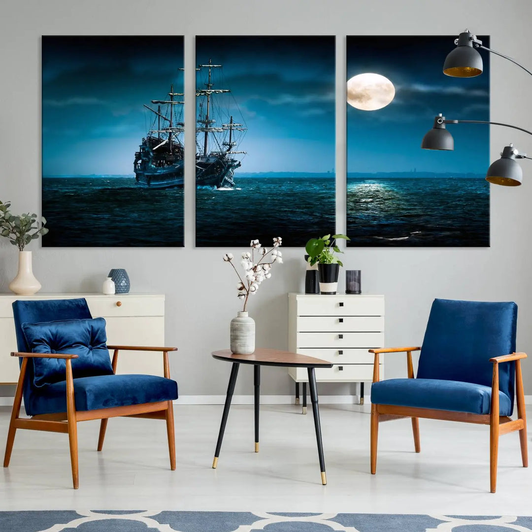 The "Moon and Ship in Ocean at Night Wall Art Canvas Print" features a stunning three-panel depiction of a ship sailing under a full moon. Presented on museum-quality canvas, this ready-to-hang piece is perfect for adding instant allure to any space.