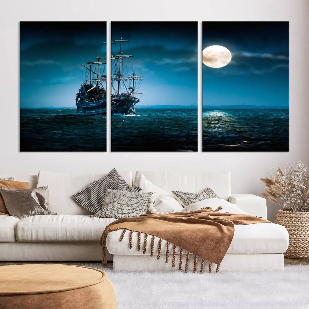 The "Moon and Ship in Ocean at Night Wall Art Canvas Print" features a stunning three-panel depiction of a ship sailing under a full moon. Presented on museum-quality canvas, this ready-to-hang piece is perfect for adding instant allure to any space.