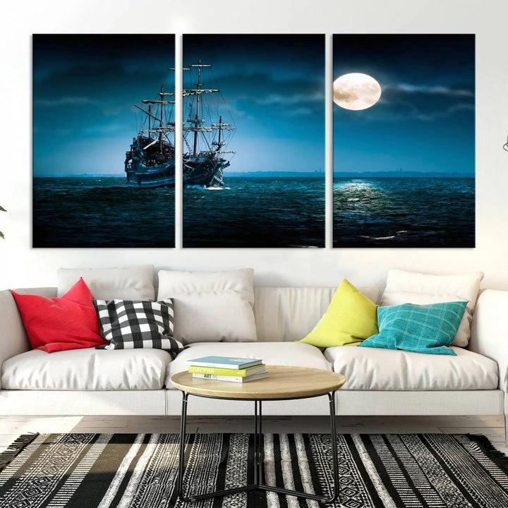 The "Moon and Ship in Ocean at Night Wall Art Canvas Print" features a stunning three-panel depiction of a ship sailing under a full moon. Presented on museum-quality canvas, this ready-to-hang piece is perfect for adding instant allure to any space.