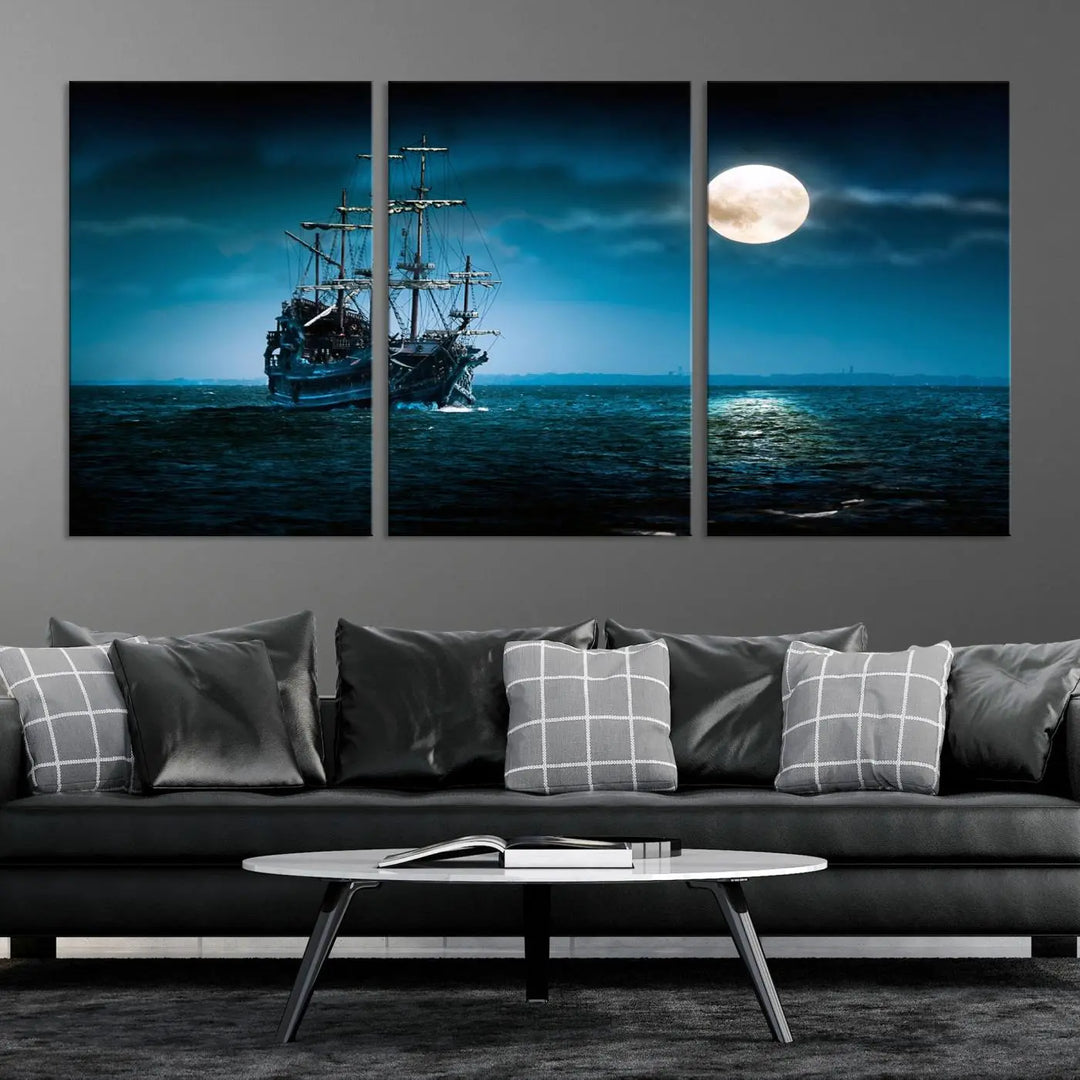 The "Moon and Ship in Ocean at Night Wall Art Canvas Print" features a stunning three-panel depiction of a ship sailing under a full moon. Presented on museum-quality canvas, this ready-to-hang piece is perfect for adding instant allure to any space.