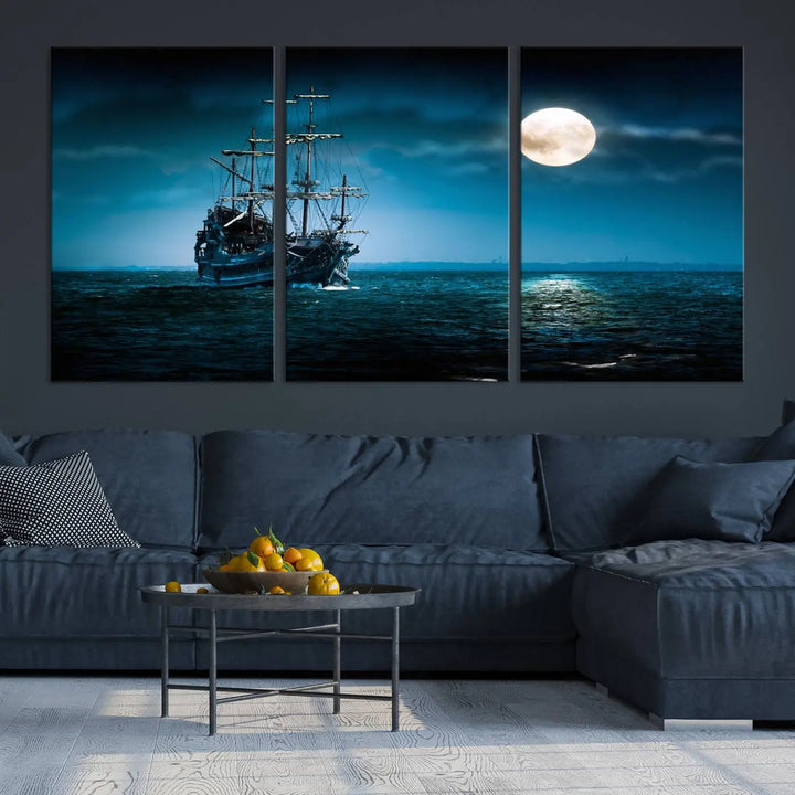 The "Moon and Ship in Ocean at Night Wall Art Canvas Print" features a stunning three-panel depiction of a ship sailing under a full moon. Presented on museum-quality canvas, this ready-to-hang piece is perfect for adding instant allure to any space.