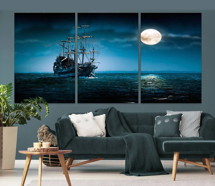 The "Moon and Ship in Ocean at Night Wall Art Canvas Print" features a stunning three-panel depiction of a ship sailing under a full moon. Presented on museum-quality canvas, this ready-to-hang piece is perfect for adding instant allure to any space.