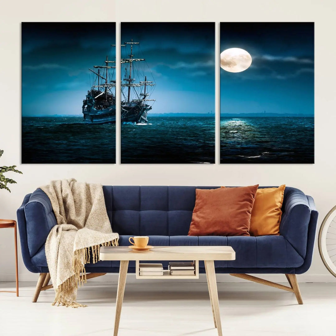 The "Moon and Ship in Ocean at Night Wall Art Canvas Print" features a stunning three-panel depiction of a ship sailing under a full moon. Presented on museum-quality canvas, this ready-to-hang piece is perfect for adding instant allure to any space.