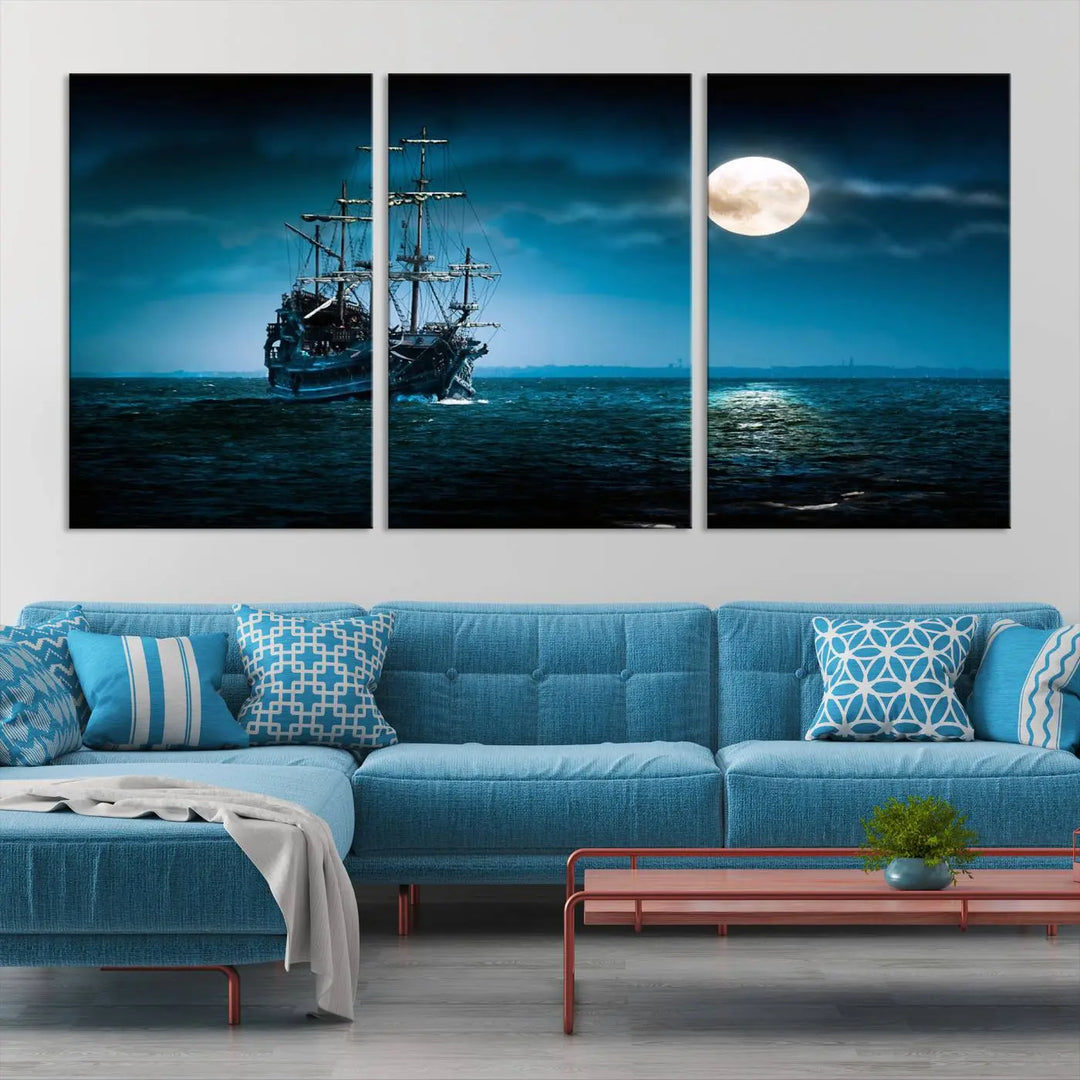 The "Moon and Ship in Ocean at Night Wall Art Canvas Print" features a stunning three-panel depiction of a ship sailing under a full moon. Presented on museum-quality canvas, this ready-to-hang piece is perfect for adding instant allure to any space.