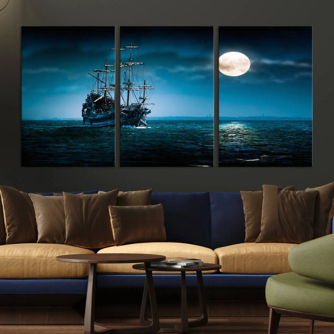 The "Moon and Ship in Ocean at Night Wall Art Canvas Print" features a stunning three-panel depiction of a ship sailing under a full moon. Presented on museum-quality canvas, this ready-to-hang piece is perfect for adding instant allure to any space.