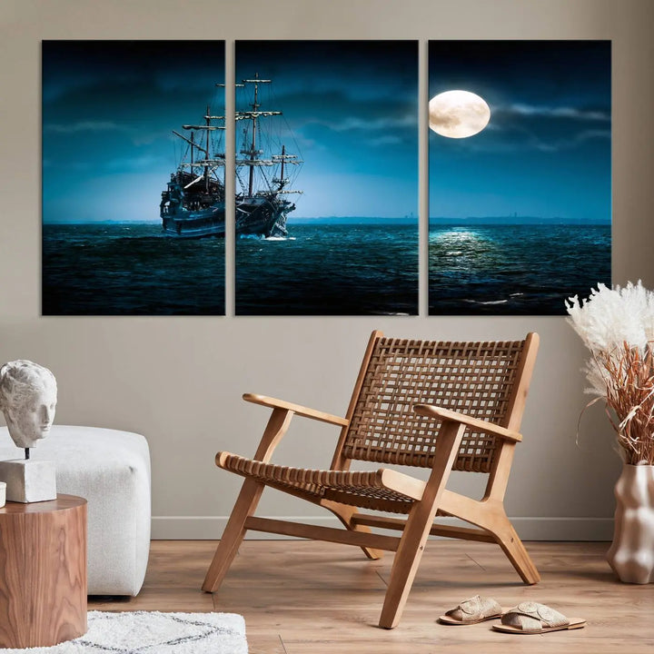 The "Moon and Ship in Ocean at Night Wall Art Canvas Print" features a stunning three-panel depiction of a ship sailing under a full moon. Presented on museum-quality canvas, this ready-to-hang piece is perfect for adding instant allure to any space.