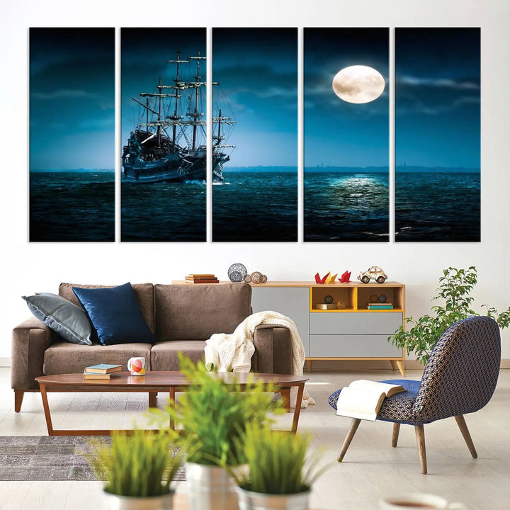 The "Moon and Ship in Ocean at Night Wall Art Canvas Print" features a stunning three-panel depiction of a ship sailing under a full moon. Presented on museum-quality canvas, this ready-to-hang piece is perfect for adding instant allure to any space.