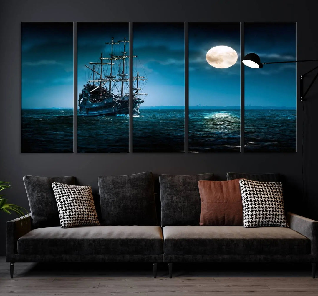 The "Moon and Ship in Ocean at Night Wall Art Canvas Print" features a stunning three-panel depiction of a ship sailing under a full moon. Presented on museum-quality canvas, this ready-to-hang piece is perfect for adding instant allure to any space.