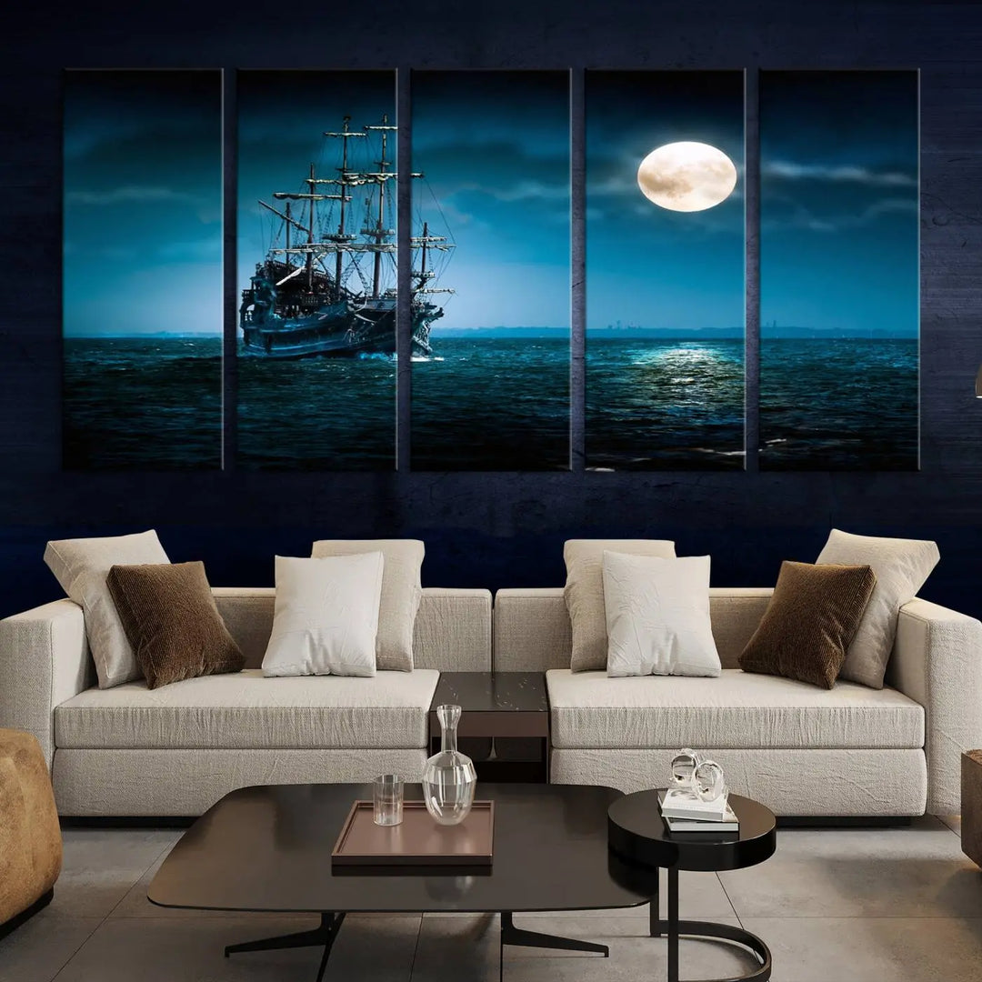 The "Moon and Ship in Ocean at Night Wall Art Canvas Print" features a stunning three-panel depiction of a ship sailing under a full moon. Presented on museum-quality canvas, this ready-to-hang piece is perfect for adding instant allure to any space.