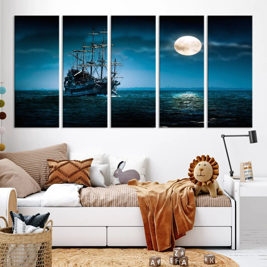 The "Moon and Ship in Ocean at Night Wall Art Canvas Print" features a stunning three-panel depiction of a ship sailing under a full moon. Presented on museum-quality canvas, this ready-to-hang piece is perfect for adding instant allure to any space.