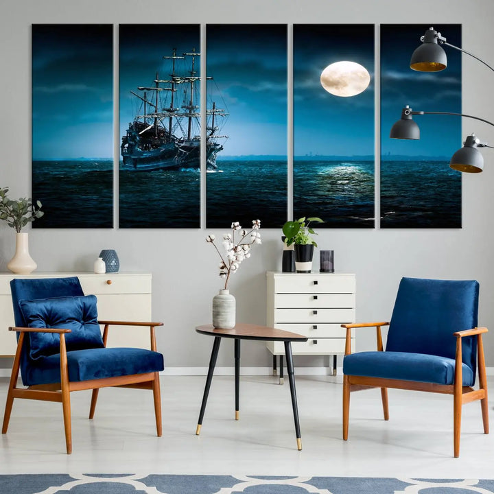 The "Moon and Ship in Ocean at Night Wall Art Canvas Print" features a stunning three-panel depiction of a ship sailing under a full moon. Presented on museum-quality canvas, this ready-to-hang piece is perfect for adding instant allure to any space.