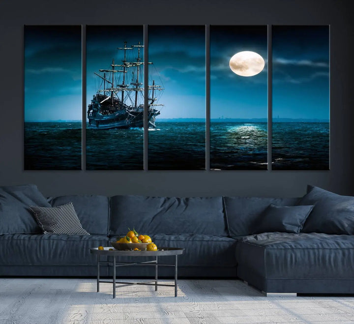 The "Moon and Ship in Ocean at Night Wall Art Canvas Print" features a stunning three-panel depiction of a ship sailing under a full moon. Presented on museum-quality canvas, this ready-to-hang piece is perfect for adding instant allure to any space.